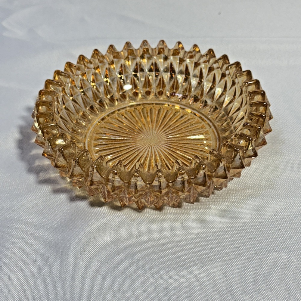 Vintage Amber Indiana Glass Diamond Point Candleholder Ashtray Bowl‎ 5"